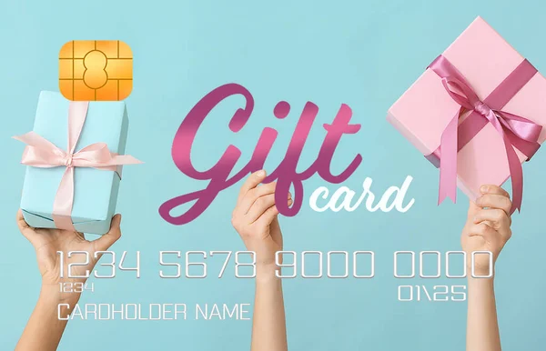 Mockup Della Gift Card Con Mani Femminili Che Tengono Regali — Foto Stock