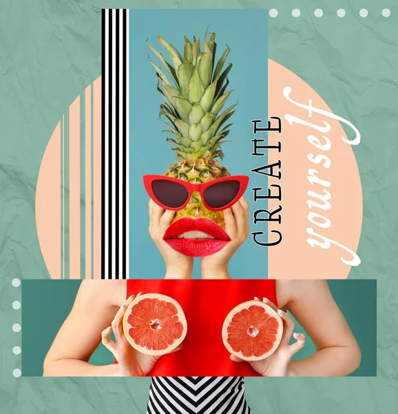 Collage Créatif Avec Belle Jeune Femme Fruits Tropicaux Sur Fond — Photo