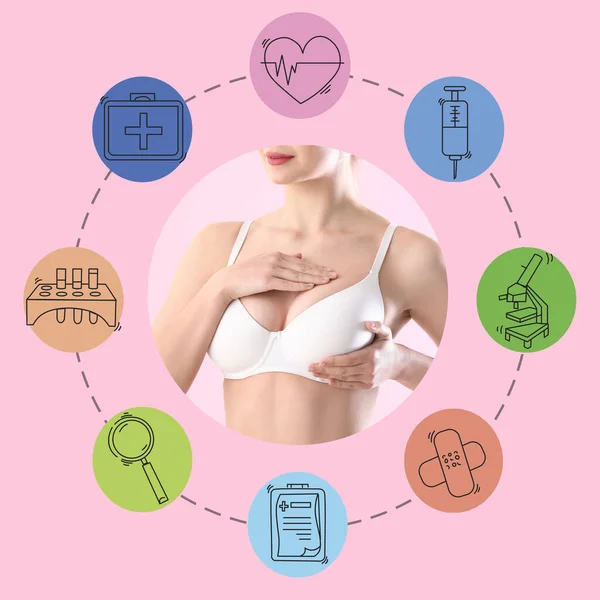 Collage Young Woman Checking Her Breast Color Background Health Care — Stock Photo, Image