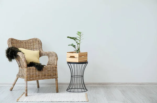 Stylish Armchair Pillow Table Houseplant Light Wall Room — Stock Photo, Image