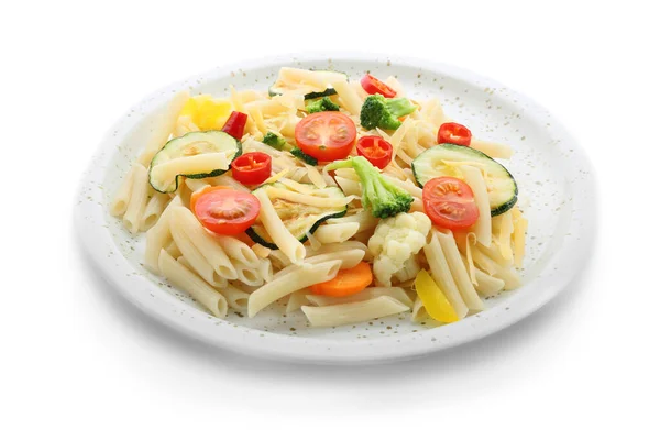 Piatto Con Gustosa Pasta Primavera Fondo Bianco — Foto Stock