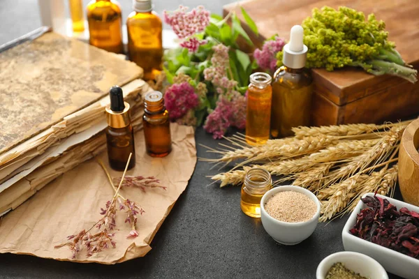 Old Book Ingredients Preparing Potions Alchemist Table — Stock Photo, Image