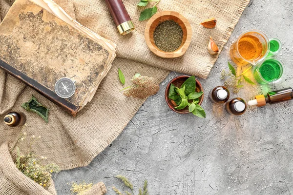 Old Book Ingredients Preparing Potions Alchemist Table — Stock Photo, Image