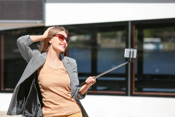Beautiful Young Woman Taking Selfie Quay — Stock Photo, Image