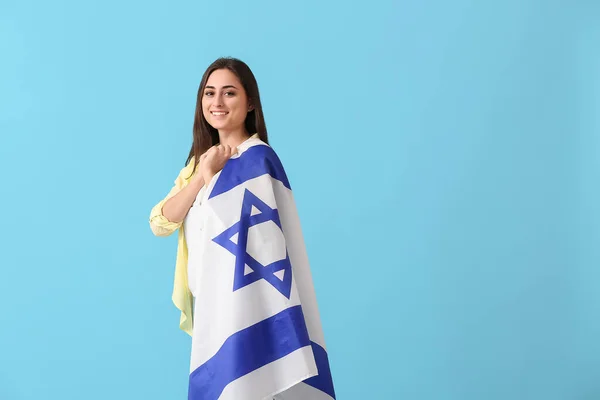 Young Woman Flag Israel Color Background — Stock Photo, Image