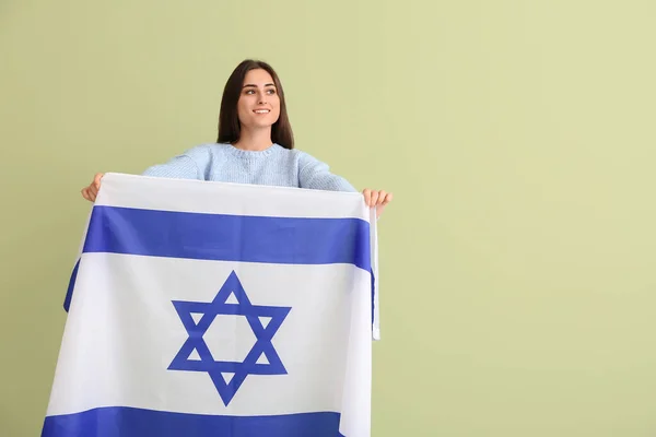 Mujer Joven Con Bandera Israel Sobre Fondo Color —  Fotos de Stock