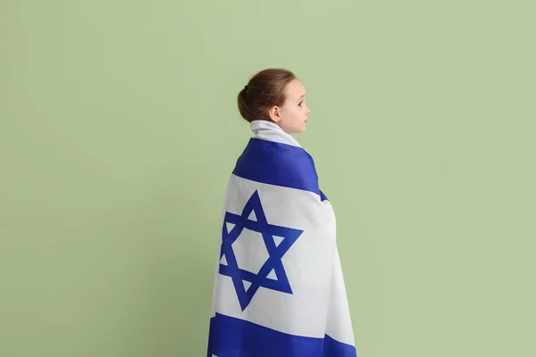 Liten Flicka Med Flagga Israel Färg Bakgrund — Stockfoto