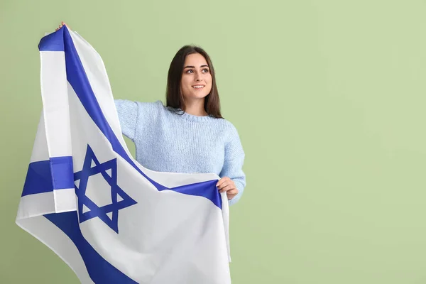 Mujer Joven Con Bandera Israel Sobre Fondo Color — Foto de Stock