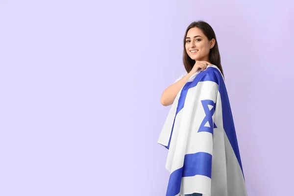 Junge Frau Mit Der Flagge Israels Auf Farbigem Hintergrund — Stockfoto