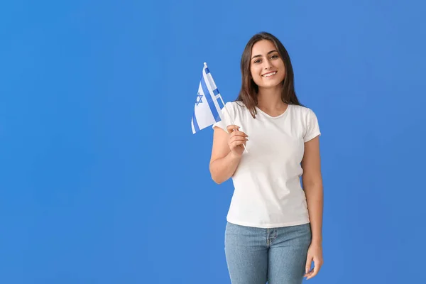 Mujer Joven Con Bandera Israel Sobre Fondo Color — Foto de Stock