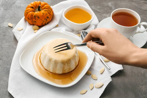 Woman Eating Tasty Pumpkin Pudding Plate — Stock Photo, Image