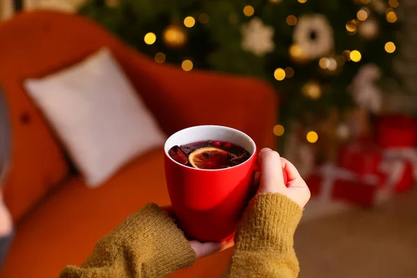 Woman Drinking Tasty Mulled Wine Home Christmas Eve — Stock Photo, Image