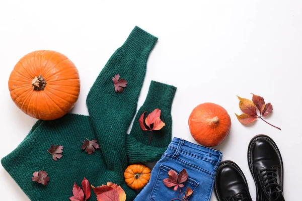 Autumn Composition Stylish Clothes Pumpkins White Background — Stock Photo, Image