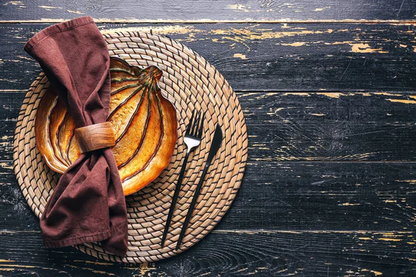 Beautiful Table Setting Thanksgiving Day Celebration Dark Wooden Background — Stock Photo, Image