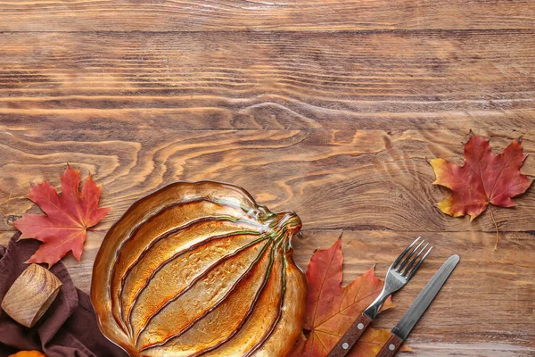 Beautiful Table Setting Thanksgiving Day Celebration Wooden Background — Stock Photo, Image