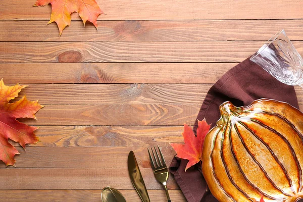 Beautiful Table Setting Thanksgiving Day Celebration Wooden Background — Stock Photo, Image