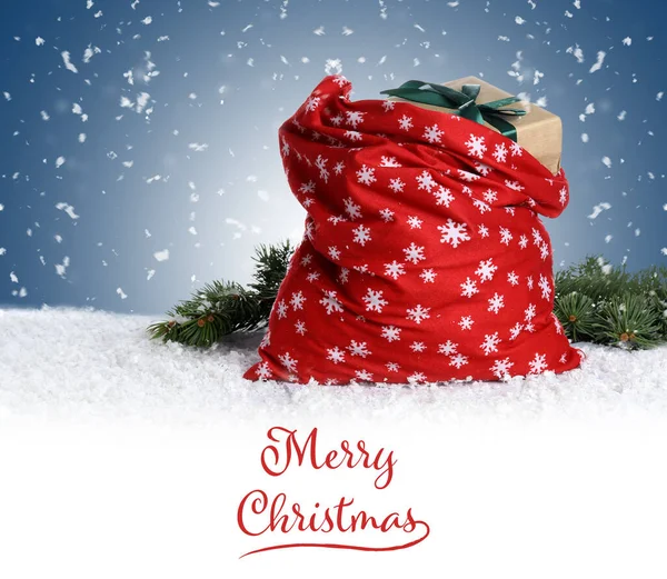 Text Merry Christmas Santa Bag Gifts Snow Color Background — Stock Photo, Image