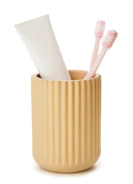 Cup Toothbrushes White Background — Stock Photo, Image