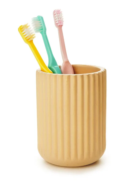 Cup Different Toothbrushes White Background — Stock Photo, Image