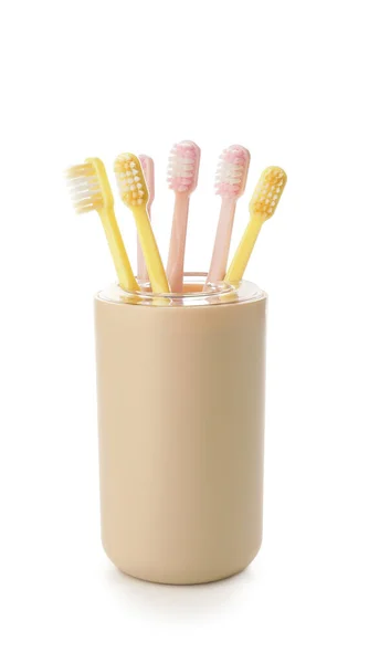 Cup Different Toothbrushes White Background — Stock Photo, Image
