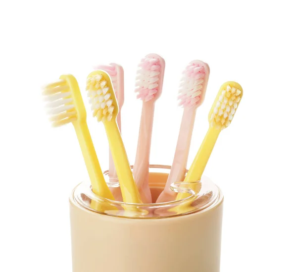 Cup Different Toothbrushes White Background — Stock Photo, Image