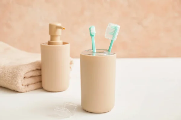 Toothbrushes Soap Table Bathroom — Stock Photo, Image