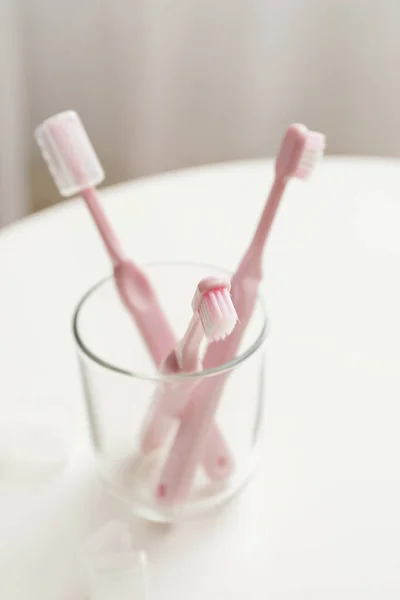 Holder with toothbrushes on  white table