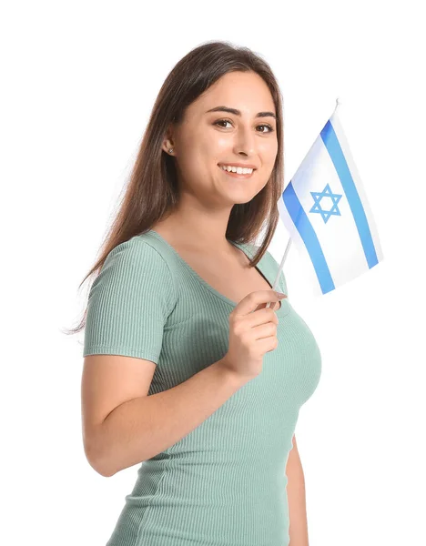 Mujer Joven Con Bandera Israel Sobre Fondo Blanco —  Fotos de Stock