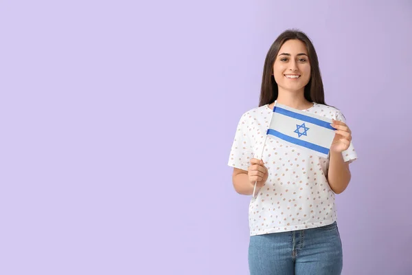 Mujer Joven Con Bandera Israel Sobre Fondo Color — Foto de Stock