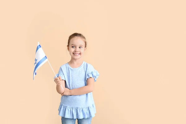 Klein Meisje Met Vlag Van Israël Kleur Achtergrond — Stockfoto