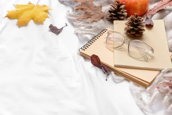 Beautiful Autumn Composition Notebooks Eyeglasses Bed — Stock Photo, Image