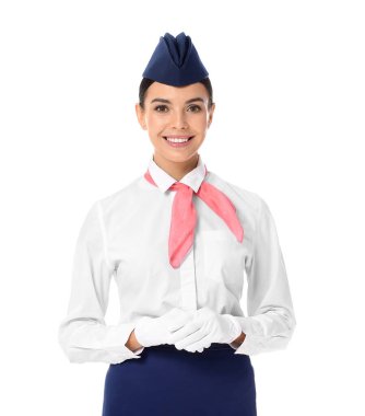 Beyaz arka planda güzel hostes