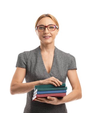 Beyaz arka planda olgun bayan öğretmen