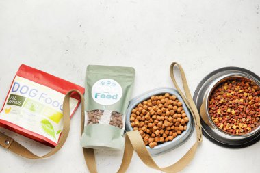 Beyaz arka planda lezzetli hayvan maması ve tasma.