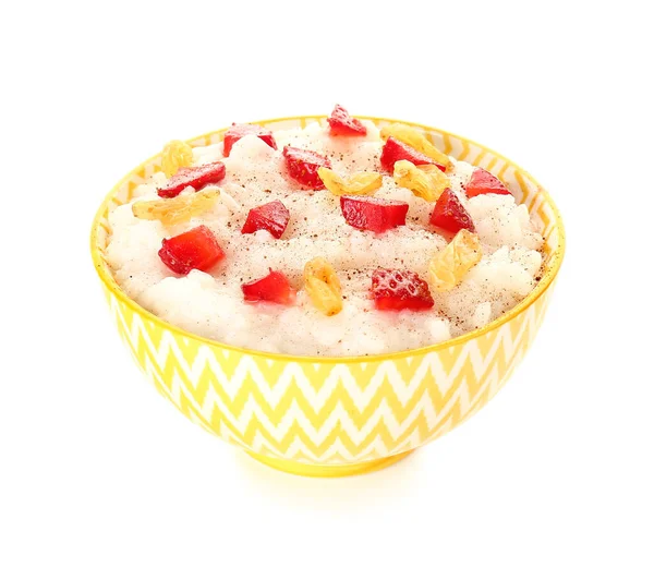 Bowl Tasty Rice Pudding Berries White Background — Stock Photo, Image