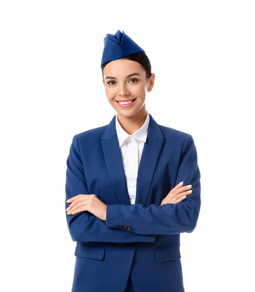 Beautiful Stewardess White Background — Stock Photo, Image