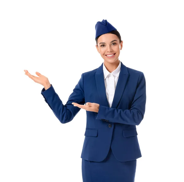 Beautiful Stewardess Showing Something White Background — Stock Photo, Image