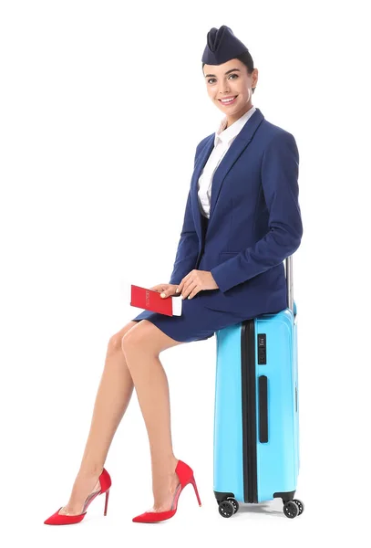 Beautiful Stewardess Luggage White Background — Stock Photo, Image