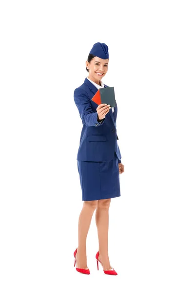 Schöne Stewardess Mit Dokumenten Auf Weißem Hintergrund — Stockfoto