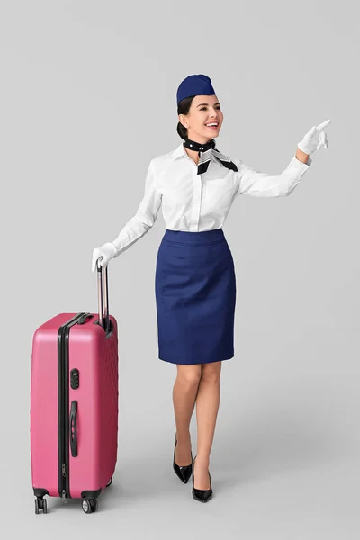 Beautiful Stewardess Luggage Grey Background — Stock Photo, Image