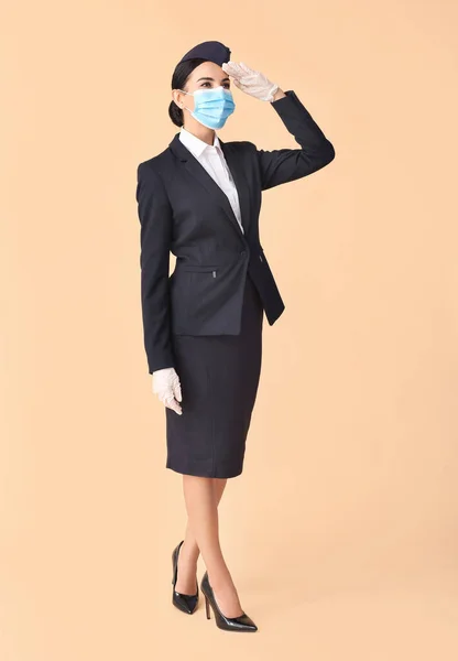 Beautiful Stewardess Medical Mask Color Background — Stock Photo, Image