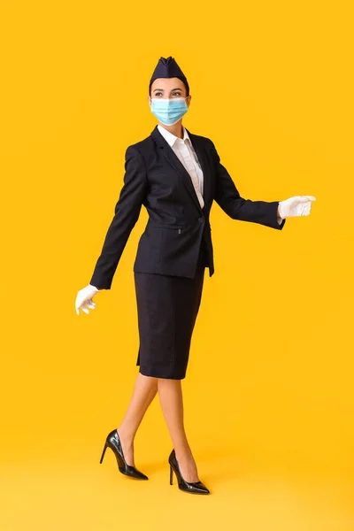 Beautiful Stewardess Medical Mask Color Background — Stock Photo, Image