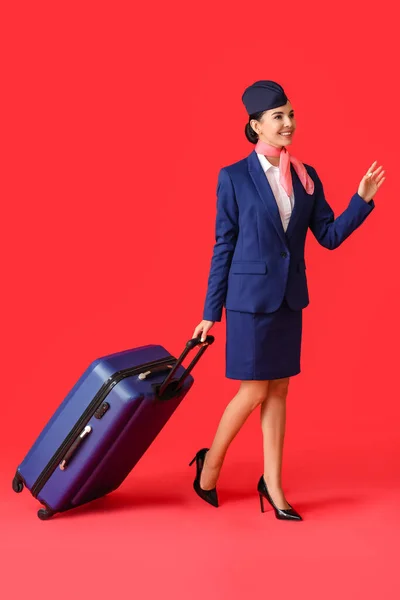 Beautiful Stewardess Luggage Color Background — Stock Photo, Image