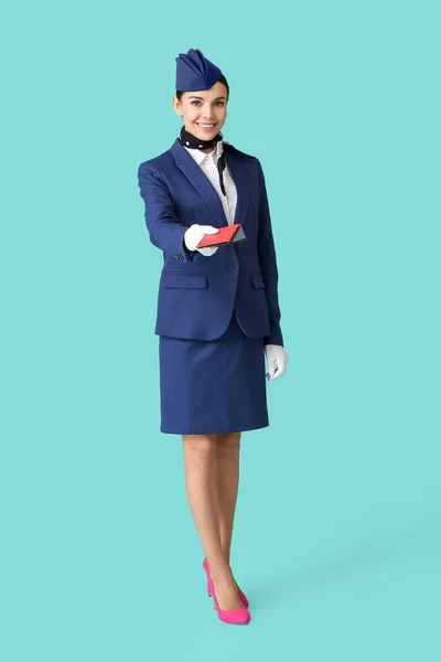 Beautiful Stewardess Documents Color Background — Stock Photo, Image