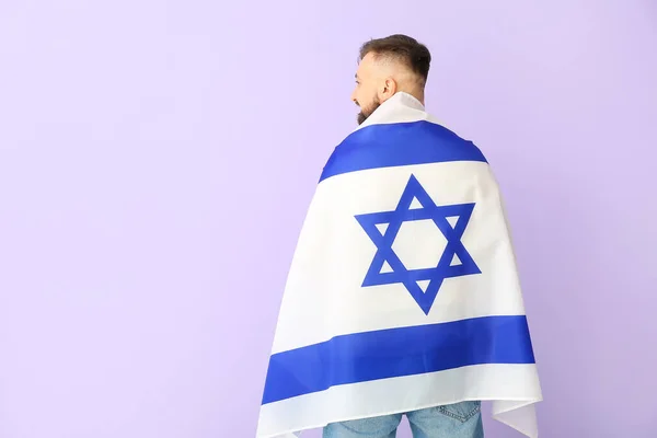 Mężczyzna Flagą Izraela Tle Koloru Widok Tyłu — Zdjęcie stockowe