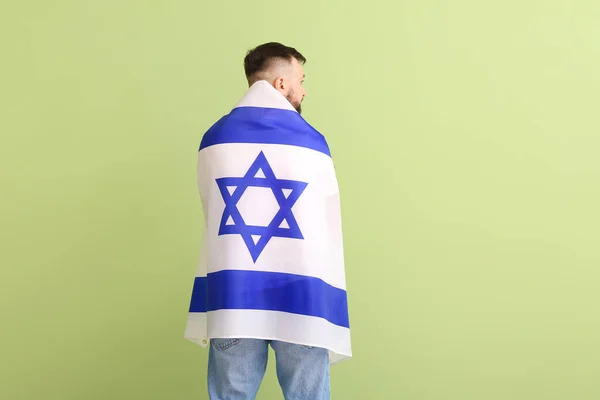 Mann Mit Der Flagge Israels Auf Farbigem Hintergrund Rückseite — Stockfoto