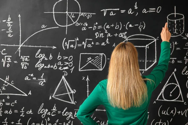 Mature Maths Teacher Blackboard Classroom — Stock Photo, Image