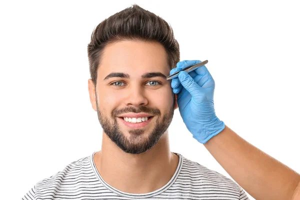 Young Man Undergoing Eyebrow Correction Procedure White Background — Stock Photo, Image