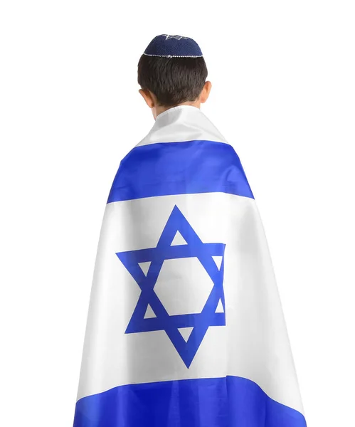 Liten Pojke Med Flagga Israel Vit Bakgrund — Stockfoto