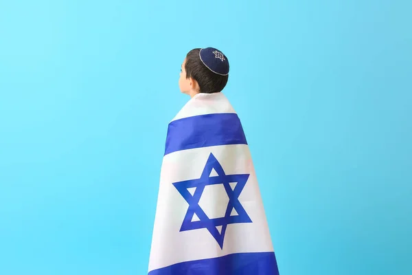 Little Boy Flag Israel Color Background — Stock Photo, Image